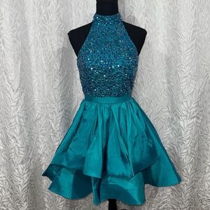 Sherri Hill Teal Rhinestone Halter Fit & Flare Dress Size 2 NWOT teal short mini